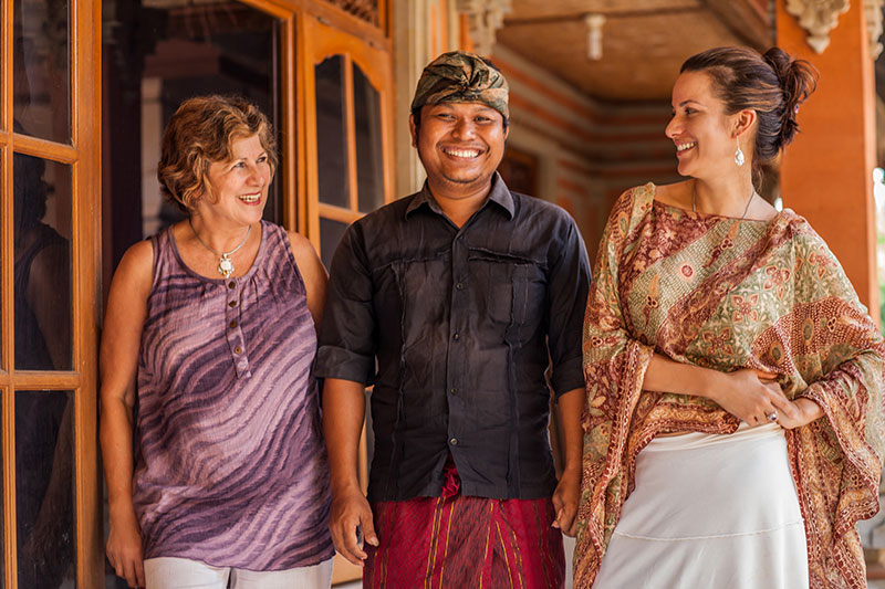 Co-founders Armenia and Milena with silversmith Buana on a recent trip to Bali