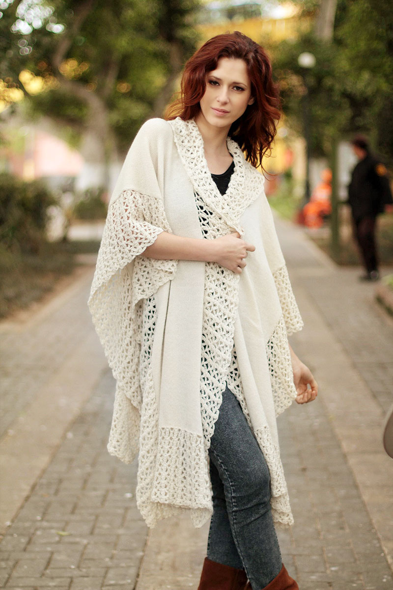 Hand-crocheted alpaca wool cloak, 'Vanilla Spice'