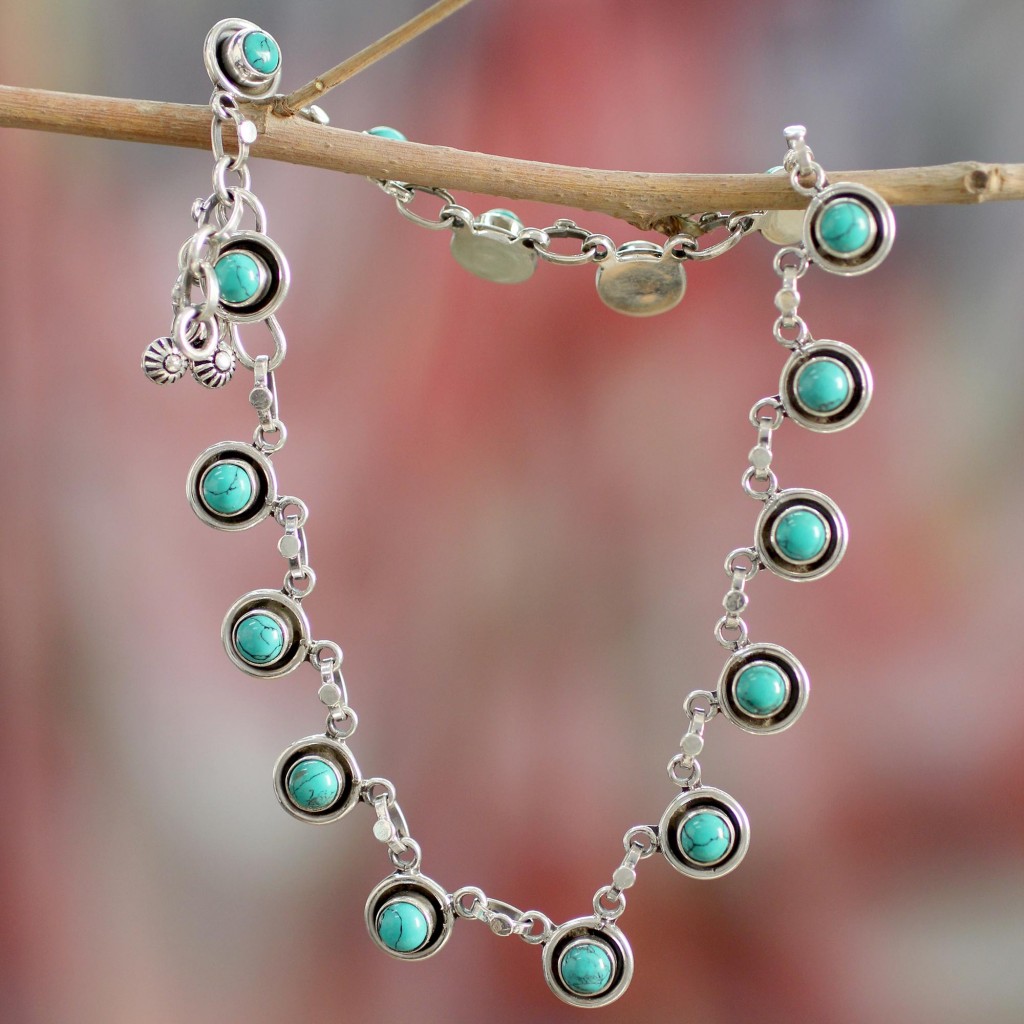 Fair Trade India Ankle Jewelry Turquoise and Sterling Silver, 'India Trends