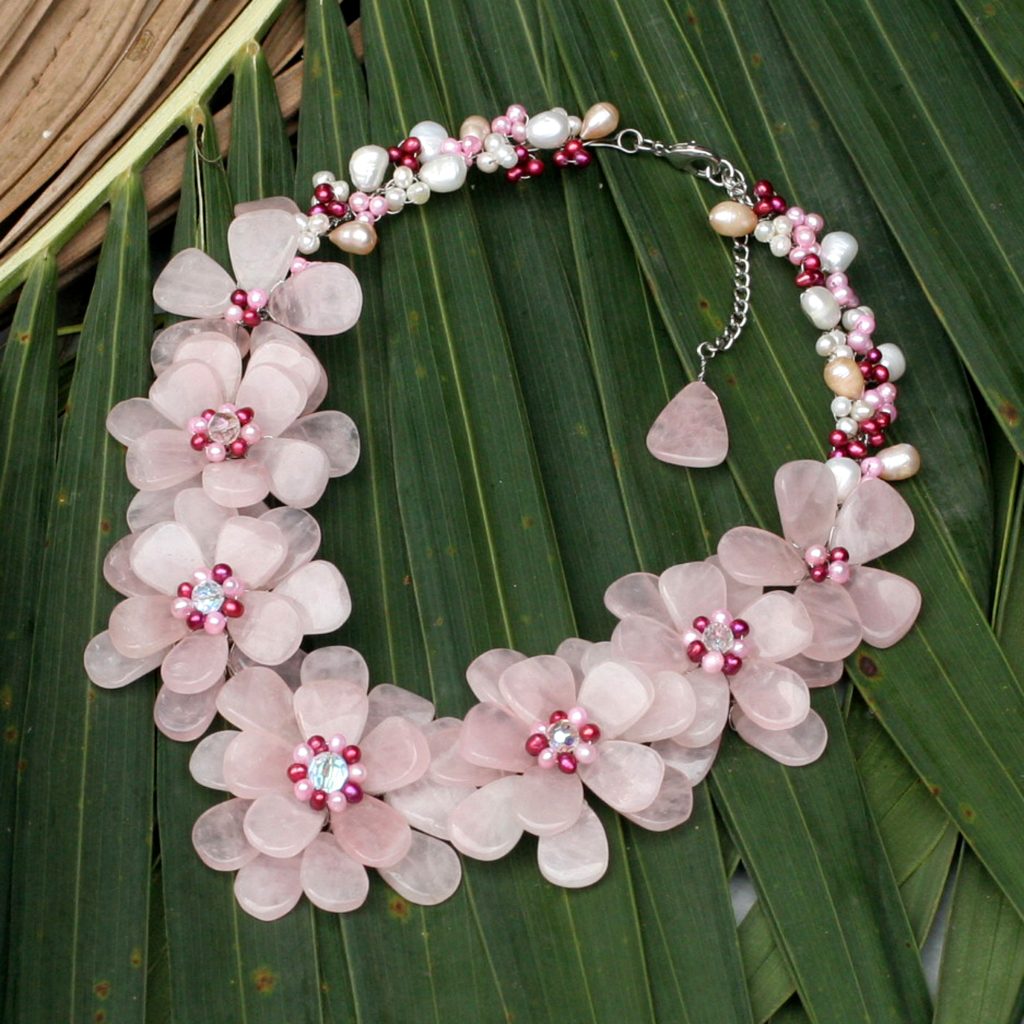 Pearl and Rose Quartz Necklace Gardenia Garland 