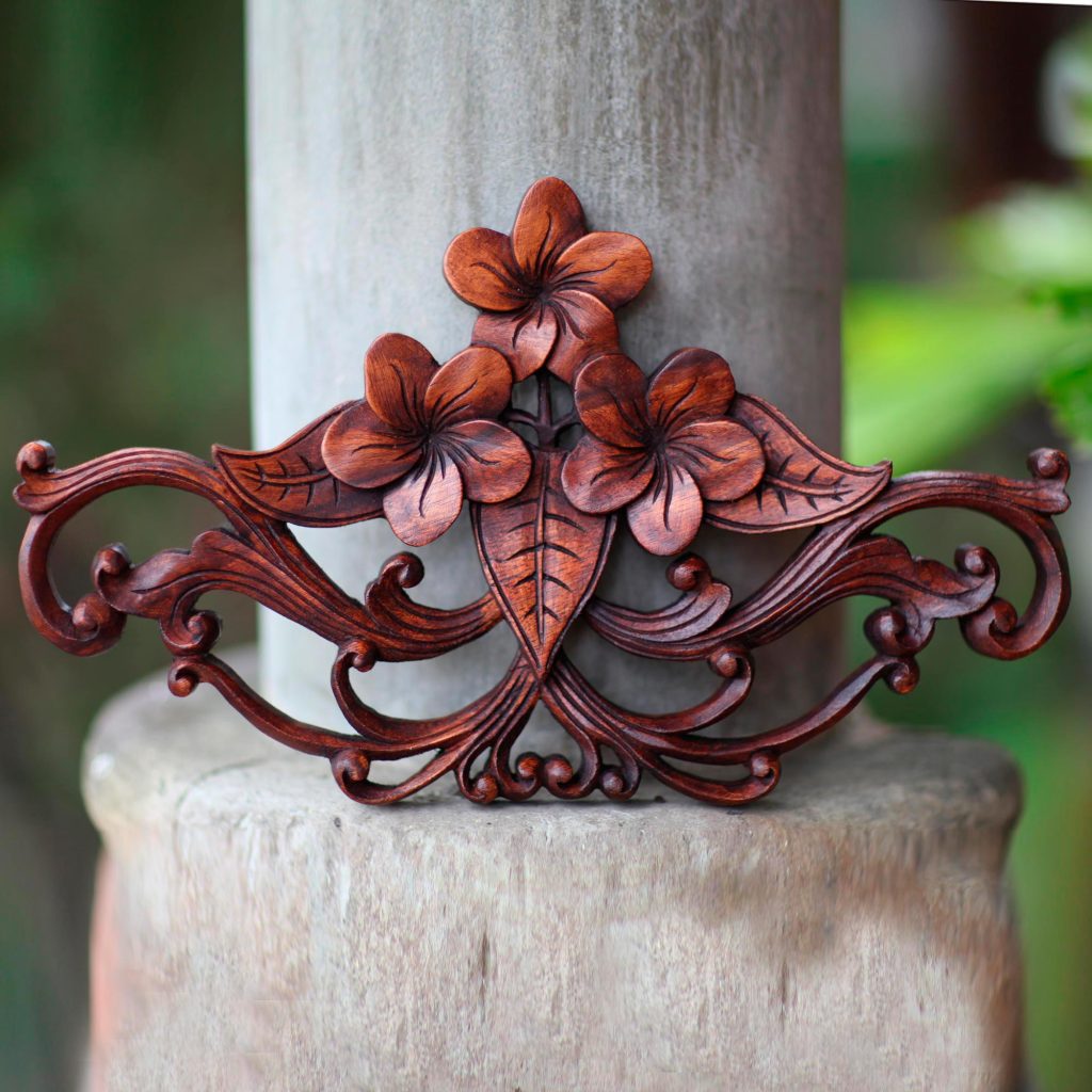 novica wall decor art Frangipani flower hand carved wood sculpture