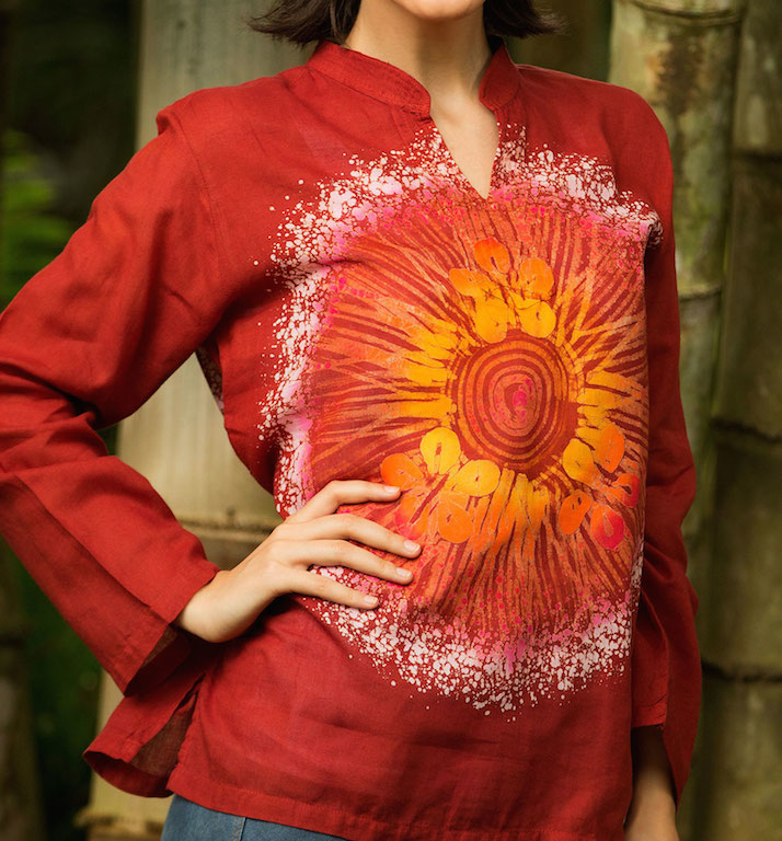 Women's Handcrafted Red Cotton Batik Tunic, 'Red Flower Power' 