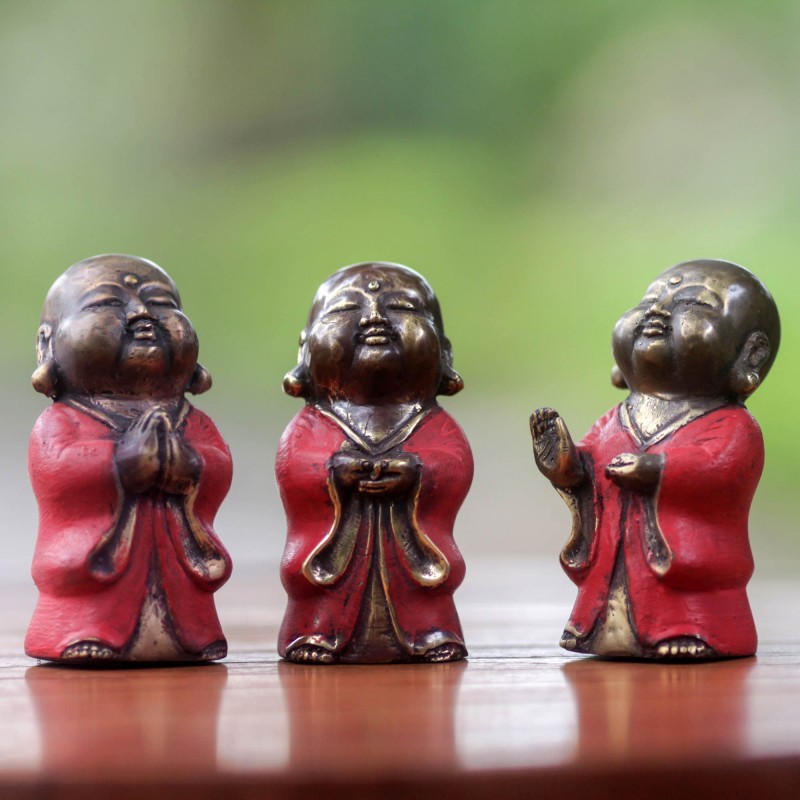 Three Aged Bronze Buddha Images from Bali, 'Little Buddha in Red' Set Figurines