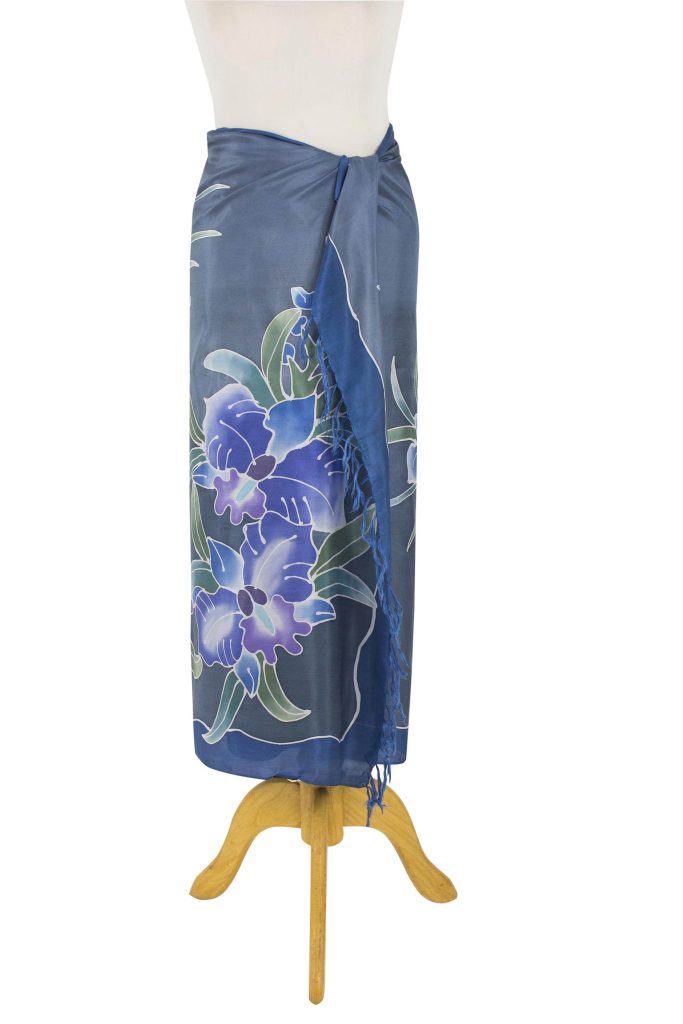 100% Thai Silk Sarong Wrap with Hand-printed Batik Orchids, 'Midnight Cattleya', silk wrap, silk sarong, 