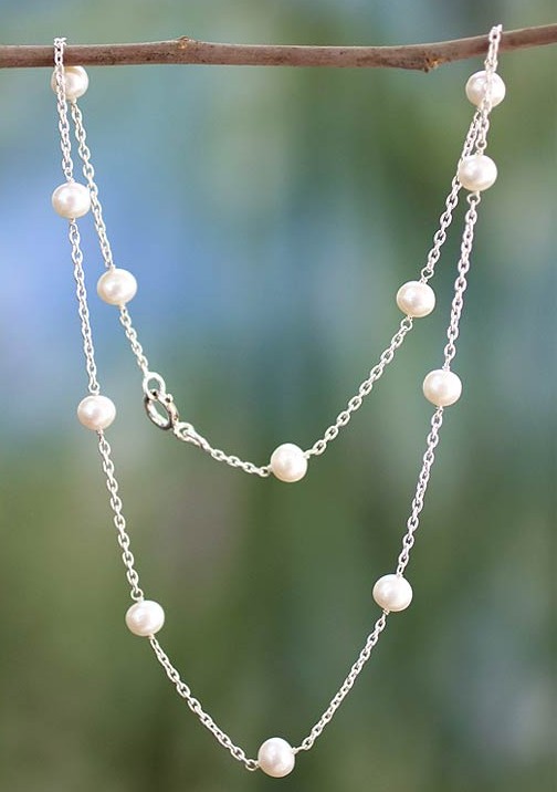 Handcrafted Bridal Sterling Silver Station Pearl Necklace, 'Jaipur Moons' NOVICA Fair Trade Jewelry Gifts Sterling Silver