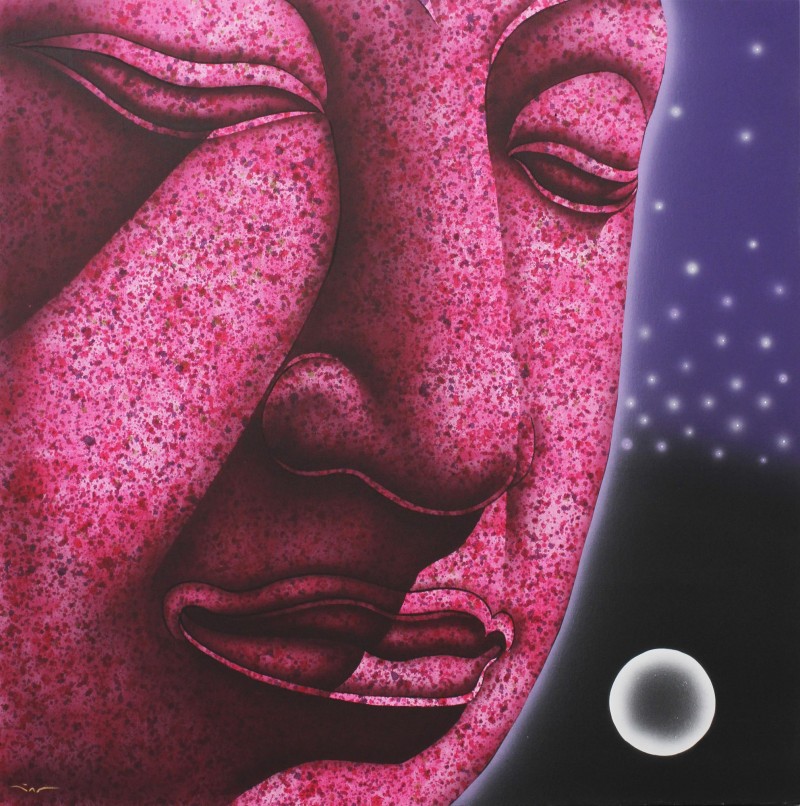 The Ayutthaya Meditation II painting original acrylic art NOVICA Meditation, mindfulness, tranquility fair trade. pink moon and stars