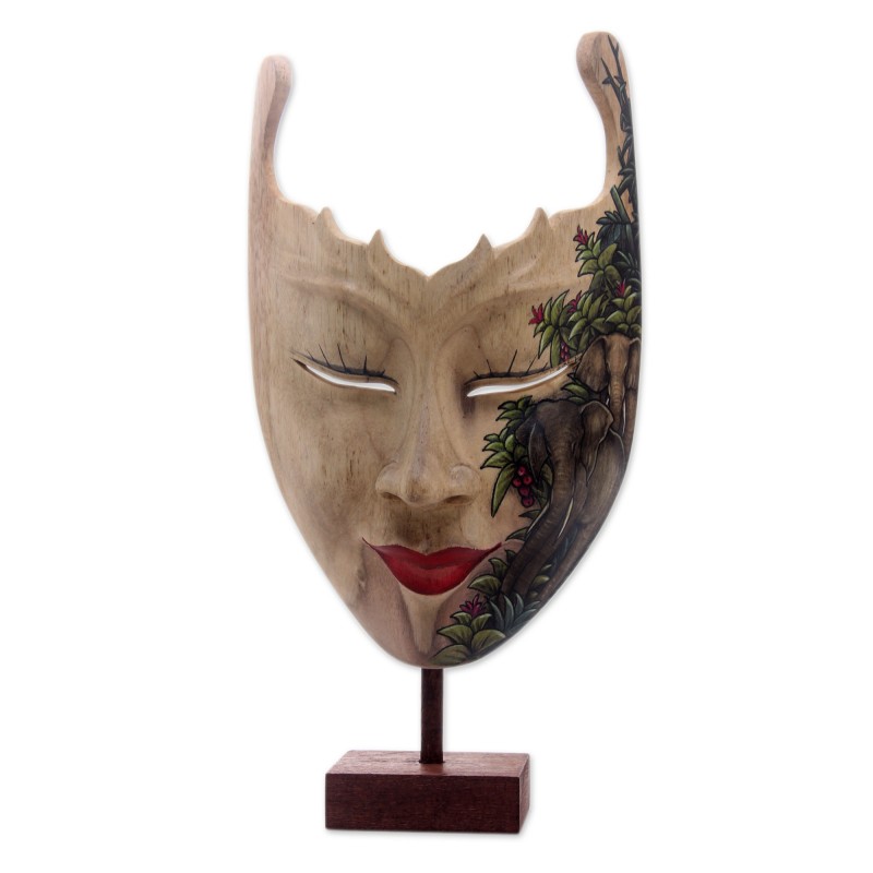 Hand Painted Modern Balinese Mask and Stand, 'Queen of Elephants' Indonesian Wall Art Carved and Painted Original NOVICA Fair Trade