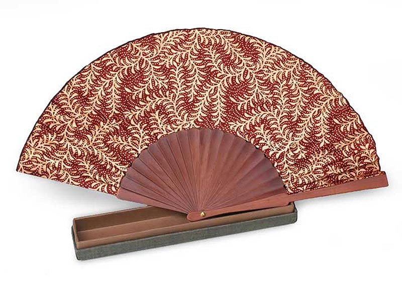 Handcrafted Batik Wood Silk Patterned Fan, 'Burgundy Fern' Fair Trade NOVICA Art Brown Ivory