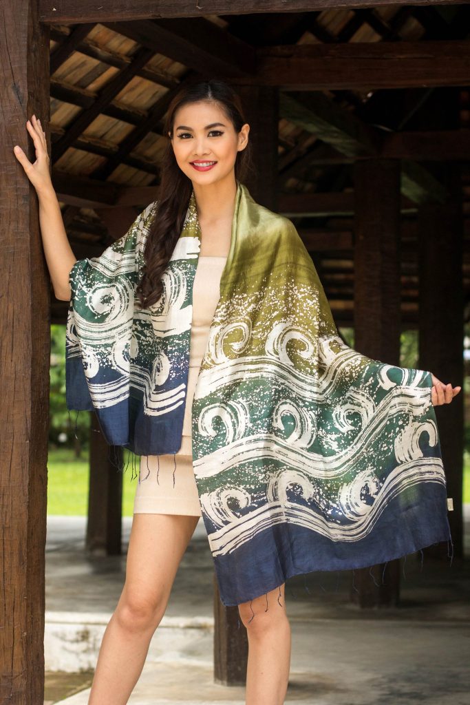 Silk Batik Shawl in Green and Blue from Thailand, 'Ocean Cliff' Handmade NOVICA Fair Trade