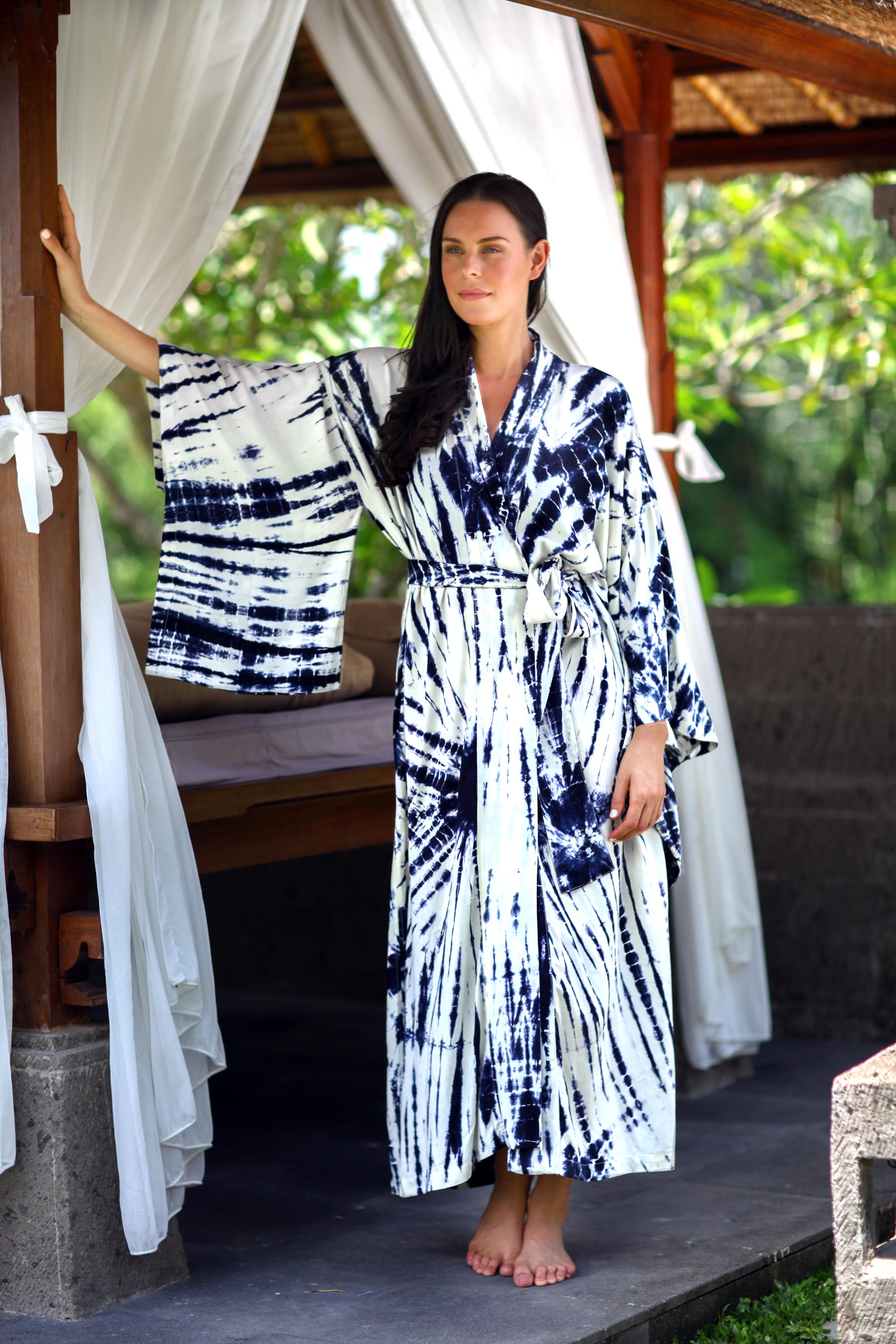 Women's Kimono Style Tie-dye Robe on Blue and White, 'High Energy' NOVICA Fair Trade