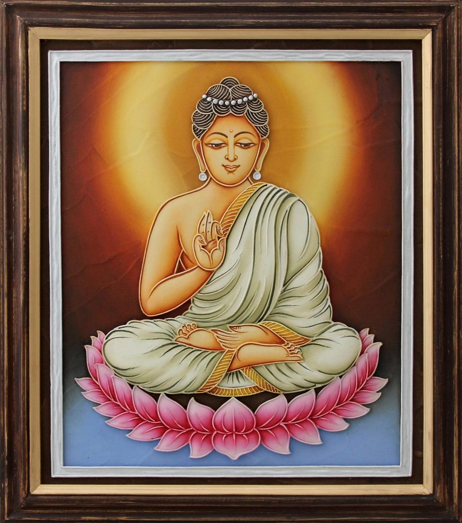 India Framed Marble Dust Relief Panel Buddha Portrait, 'Buddha's Peaceful Allure' Wall Art 