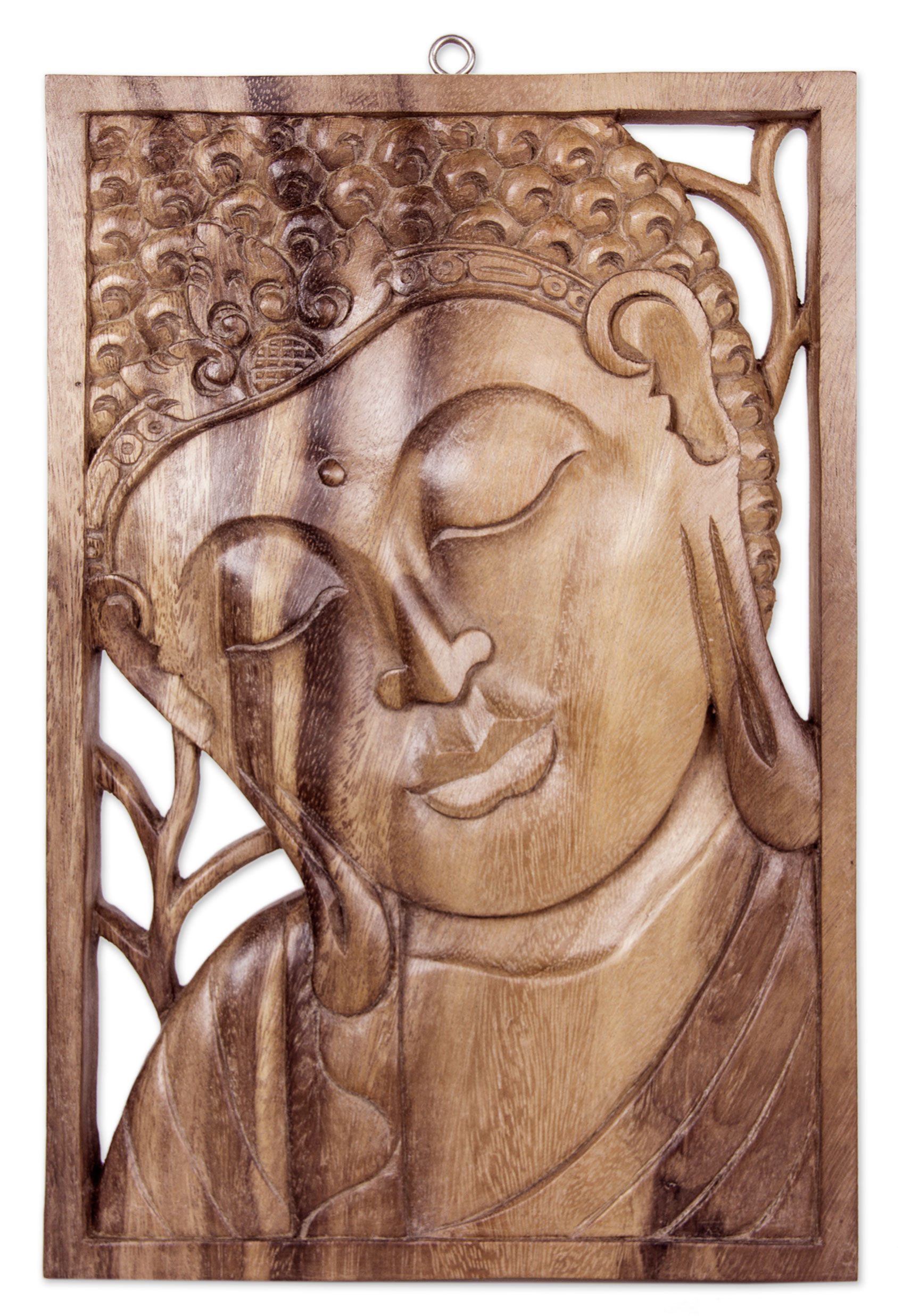 Buddha Portrait Balinese Relief Panel, 'Young Buddha' Hand Carved Wood Wall Art NOVICA Fair Trade