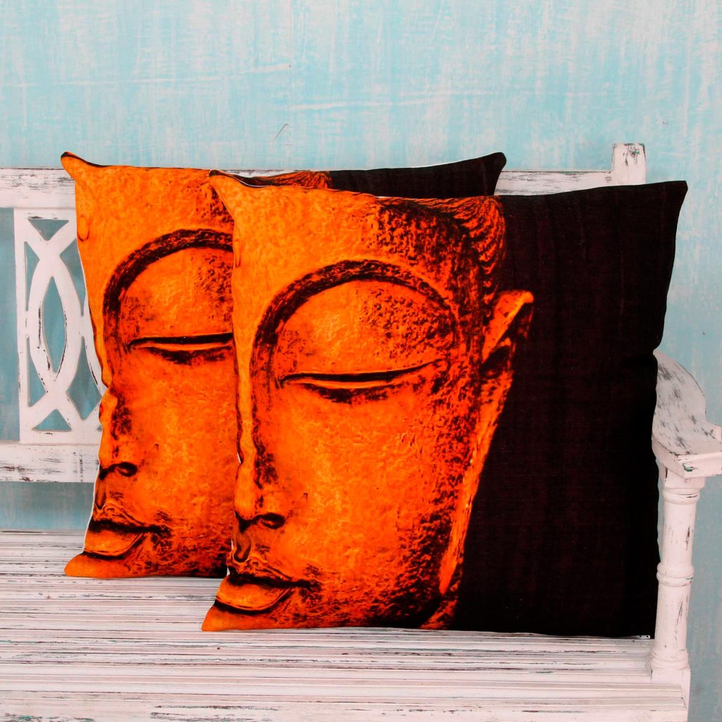 Buddha Theme Cotton Cushion Cover Pair in Orange and Black, 'Bright Buddha' Home Decor Art Pillows NOVICA Fair Trade