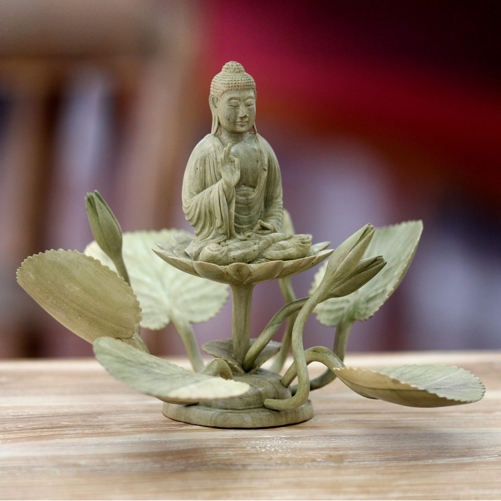 Hibiscus Wood Buddhism Sculpture, 'Buddha on a Lotus' Hand Carved Art Figurine NOVICA Fair Trade