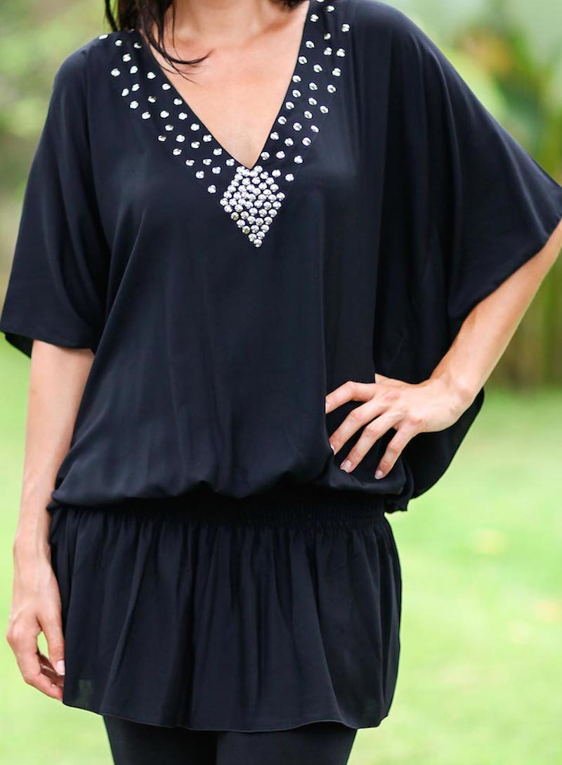 Hand Crafted Butterfly Sleeve Knit Tunic, 'Divine Feminine in Black' 