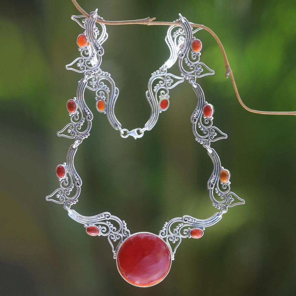 Carnelian pendant necklace, 'Majapahit Empress' sterling silver NOVICA Fair Trade