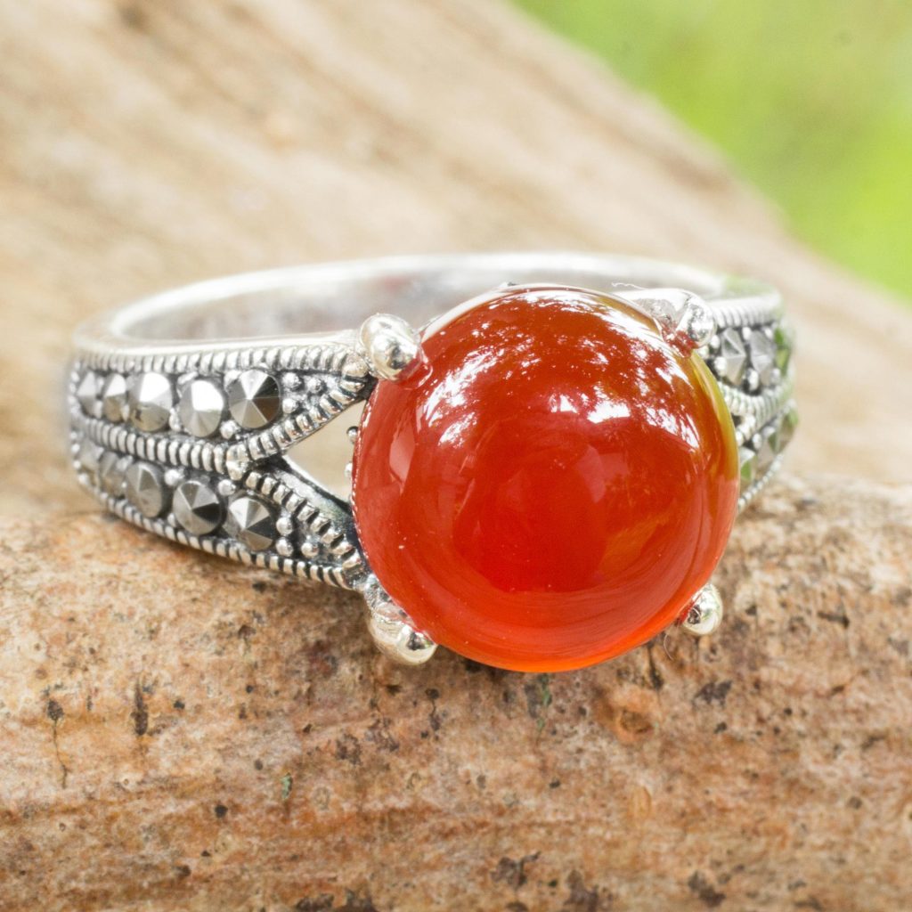 Carnelian single stone ring, 'Marigold' sterling silver marcasite NOVICA Fair Trade