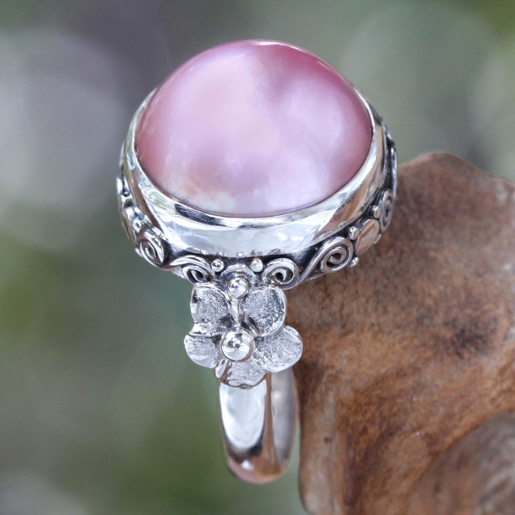 Pearl flower ring, 'Love Moon' Sterling Silver jewelry accessories handmade art