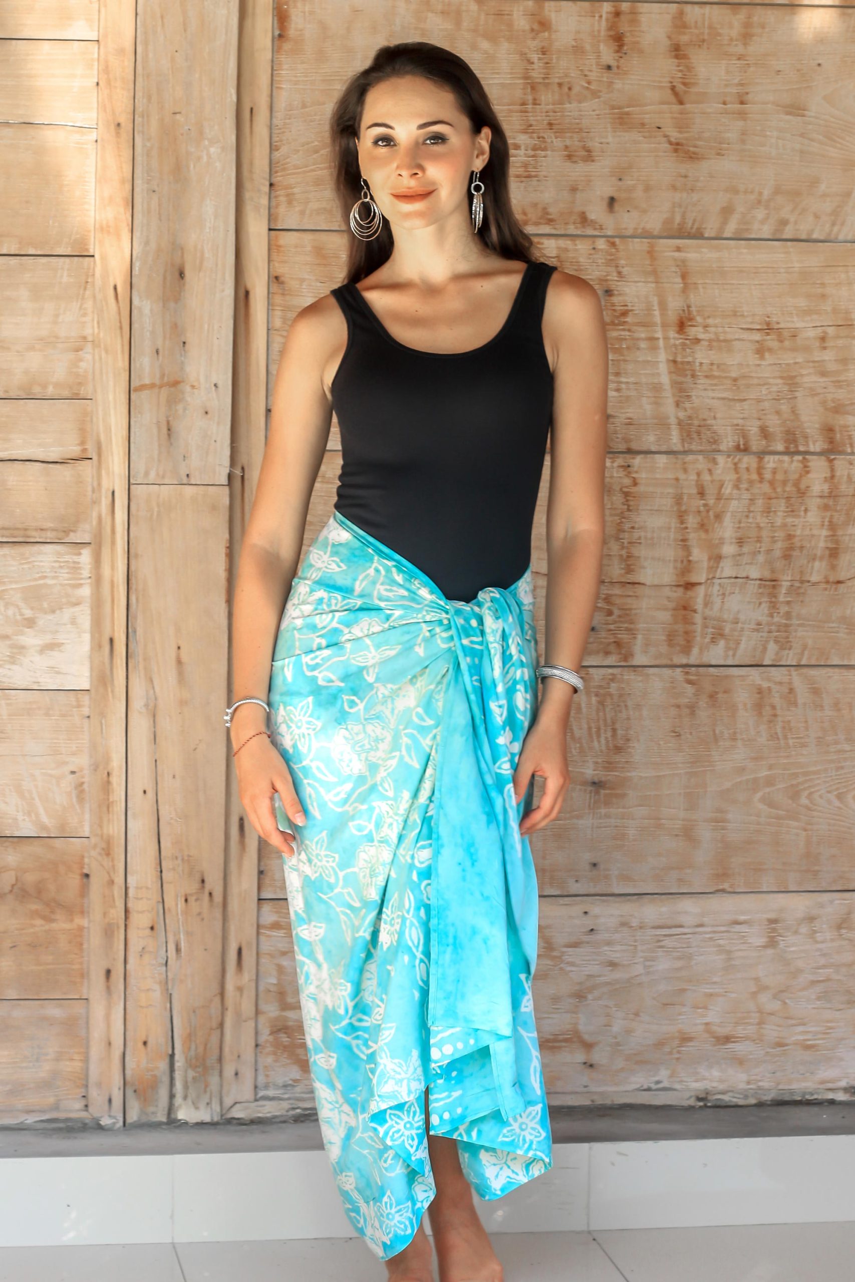Aqua batik sarong wraparound skirt dress pool cover-up rayon NOVICA hand-stamped white blue fair trade