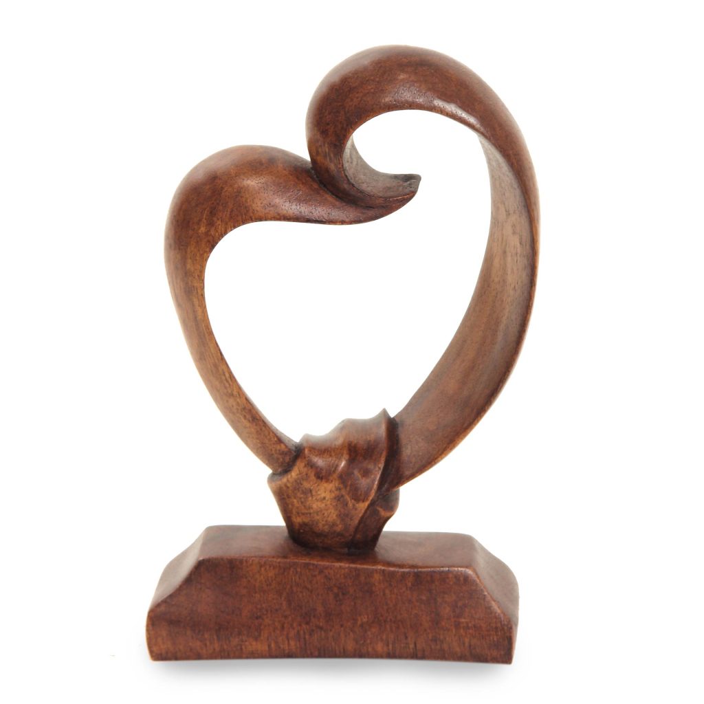 Romantic Wood Sculpture, 'Heart Bond' Hand Carved Art Figurines