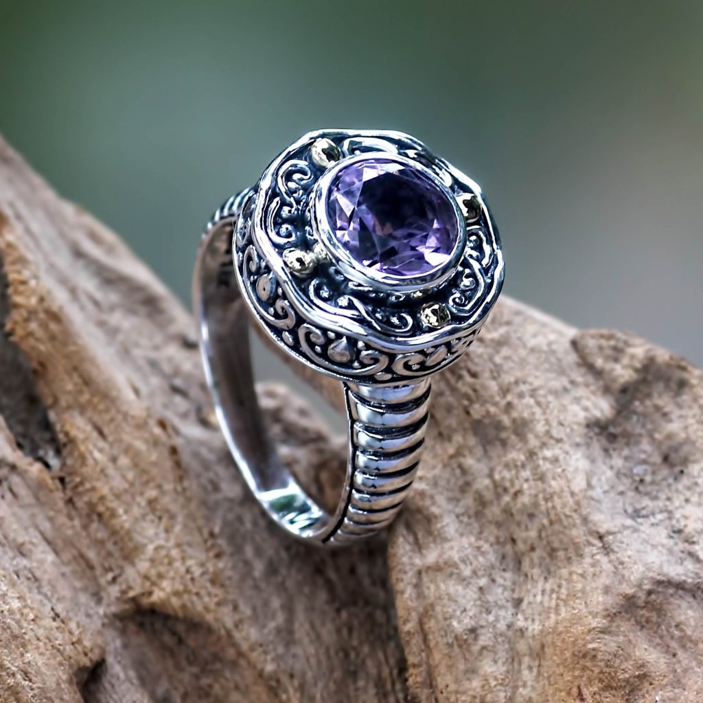 Handmade Balinese Cocktail Ring with Amethyst and 18k Gold, 'Kuta Lilac' 