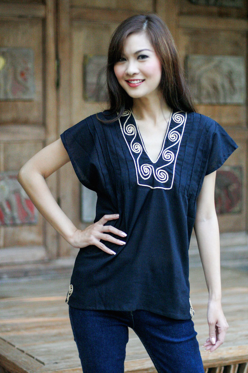 Ebony Melody Short-sleeved black tunic top Embroidered blouse shirt NOVICA Fair Trade Vee neck