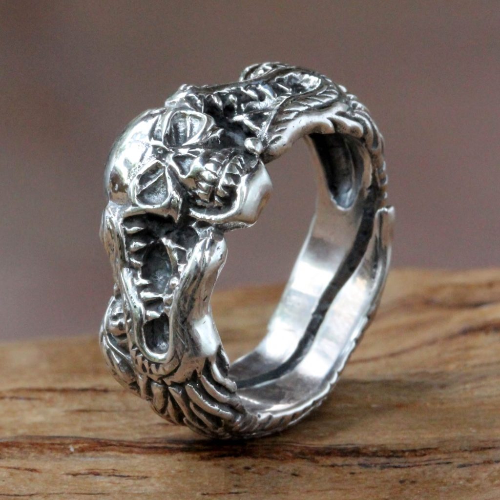 Sterling Silver Skull and Dragon Ring from Bali, 'Fierce Dragon' 