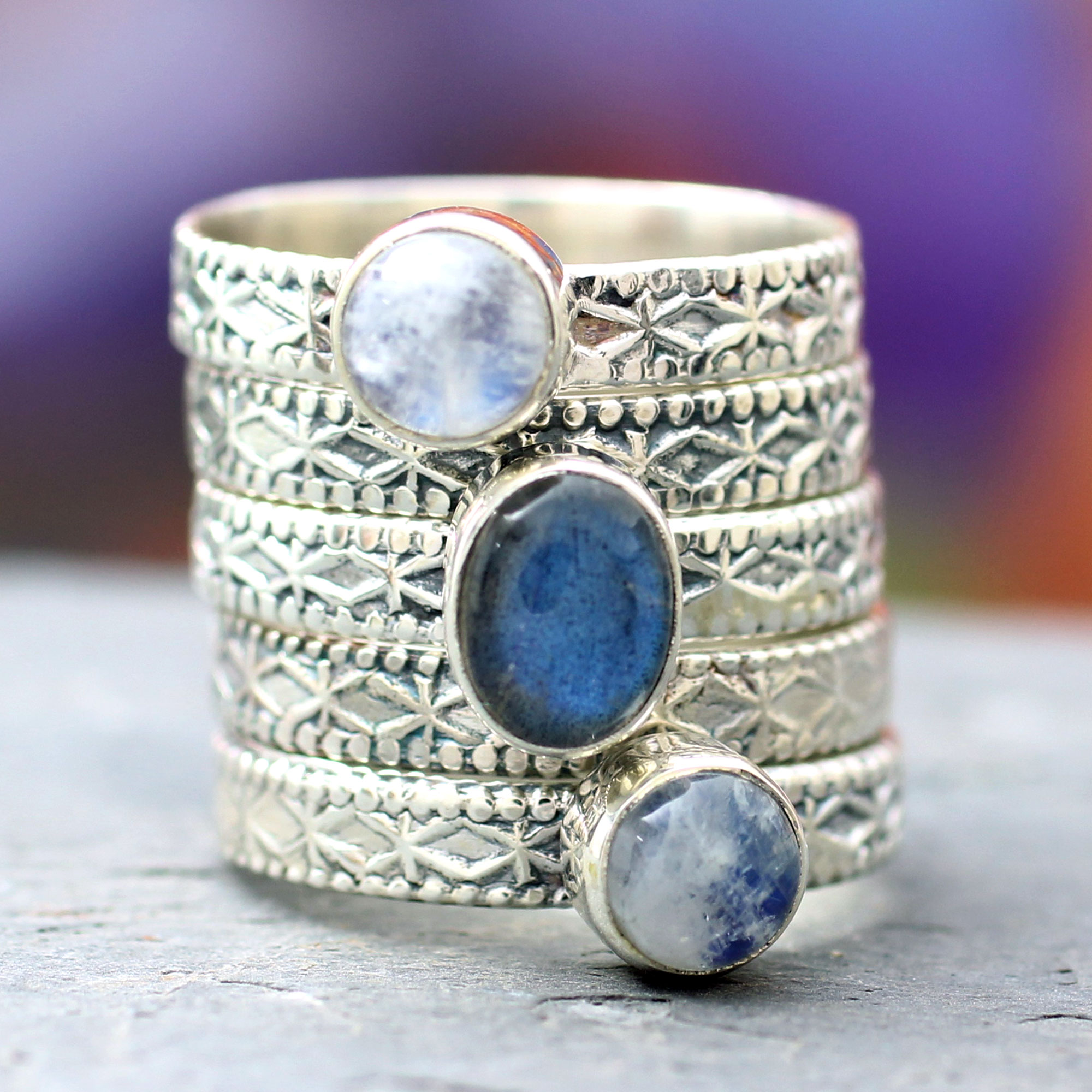 Rainbow Moonstone and Labradorite Stacking Rings (Set of 5), 'Love's Imagination' 