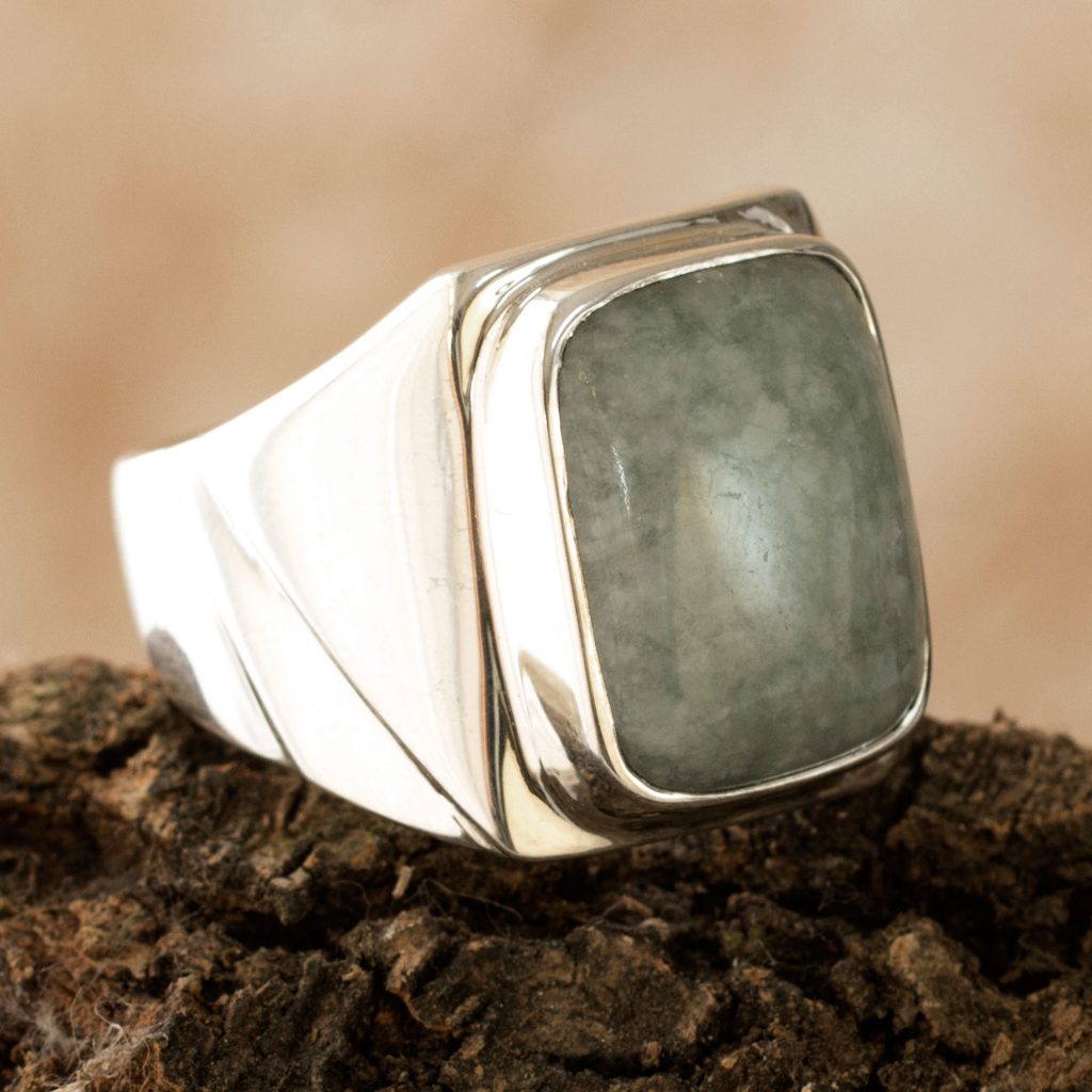 Men's Modern Sterling Silver Jade Ring, 'Jade Fortress' 