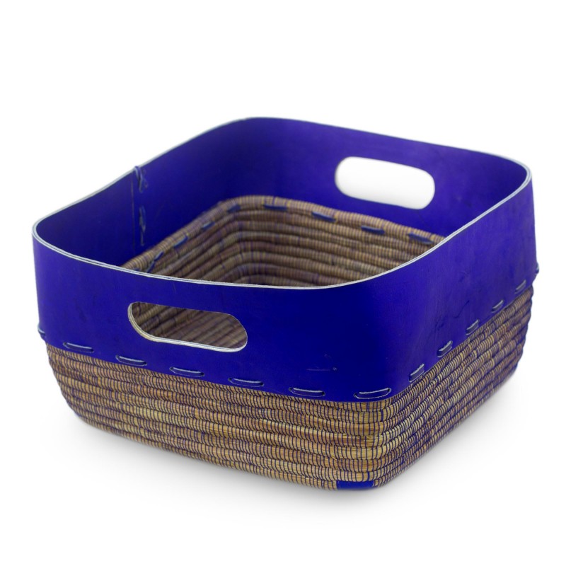 Nicaragua Hand Crafted Pine Needle Basket with Blue Leather