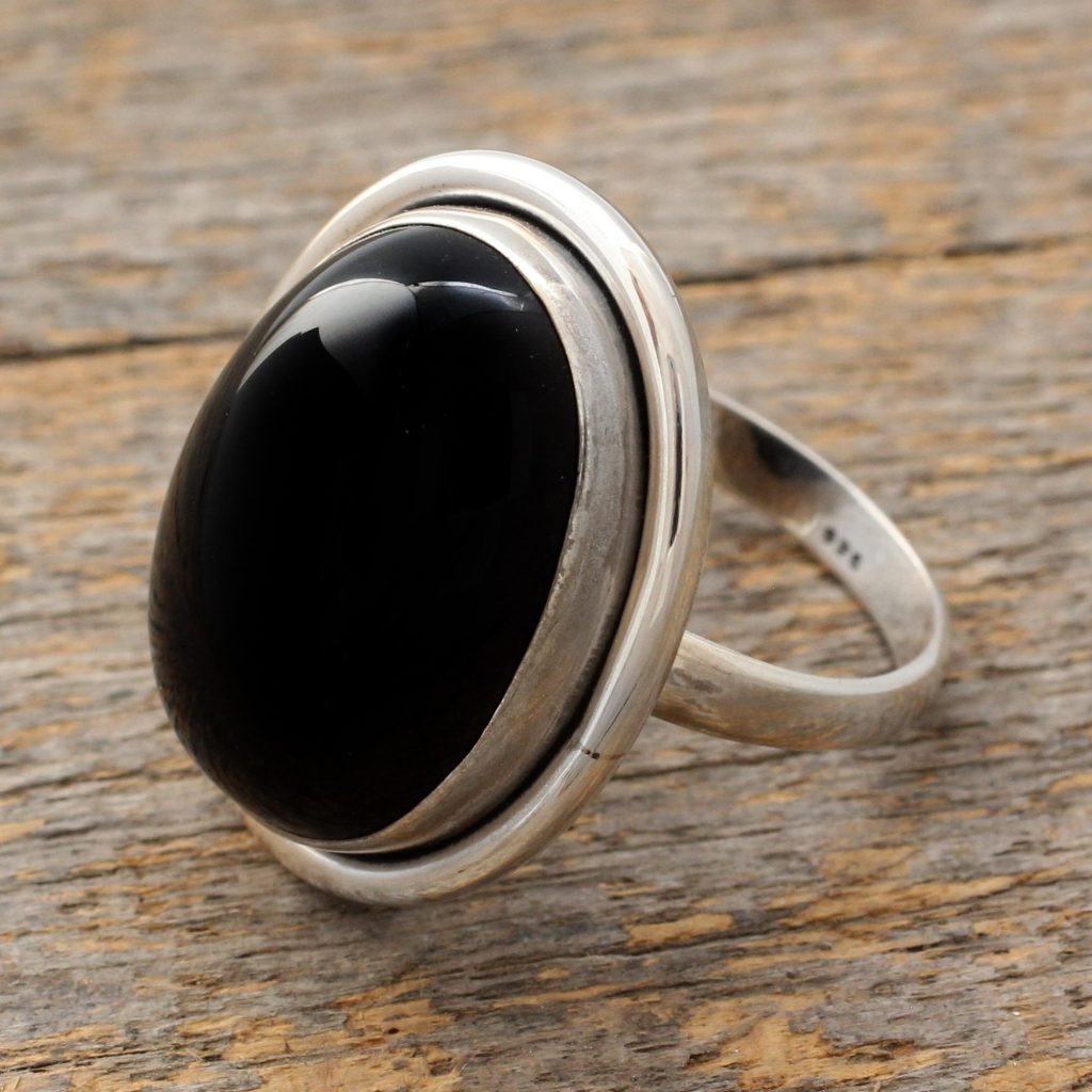 Fair Trade Sterling Silver and Onyx Cocktail Ring, 'Universe' India Art NOVICA