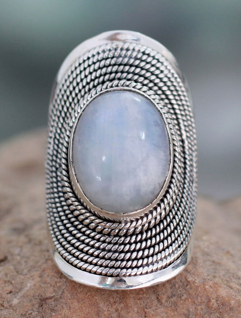 Rainbow Moonstone Cocktail Ring Jaipur Mist Sterling Silver Handmade Art India