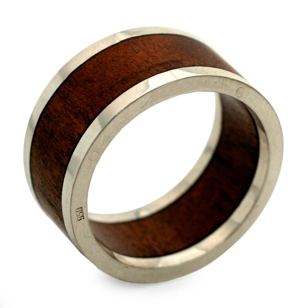 Men's Wood and Silver Band Ring, 'Forest Halo'