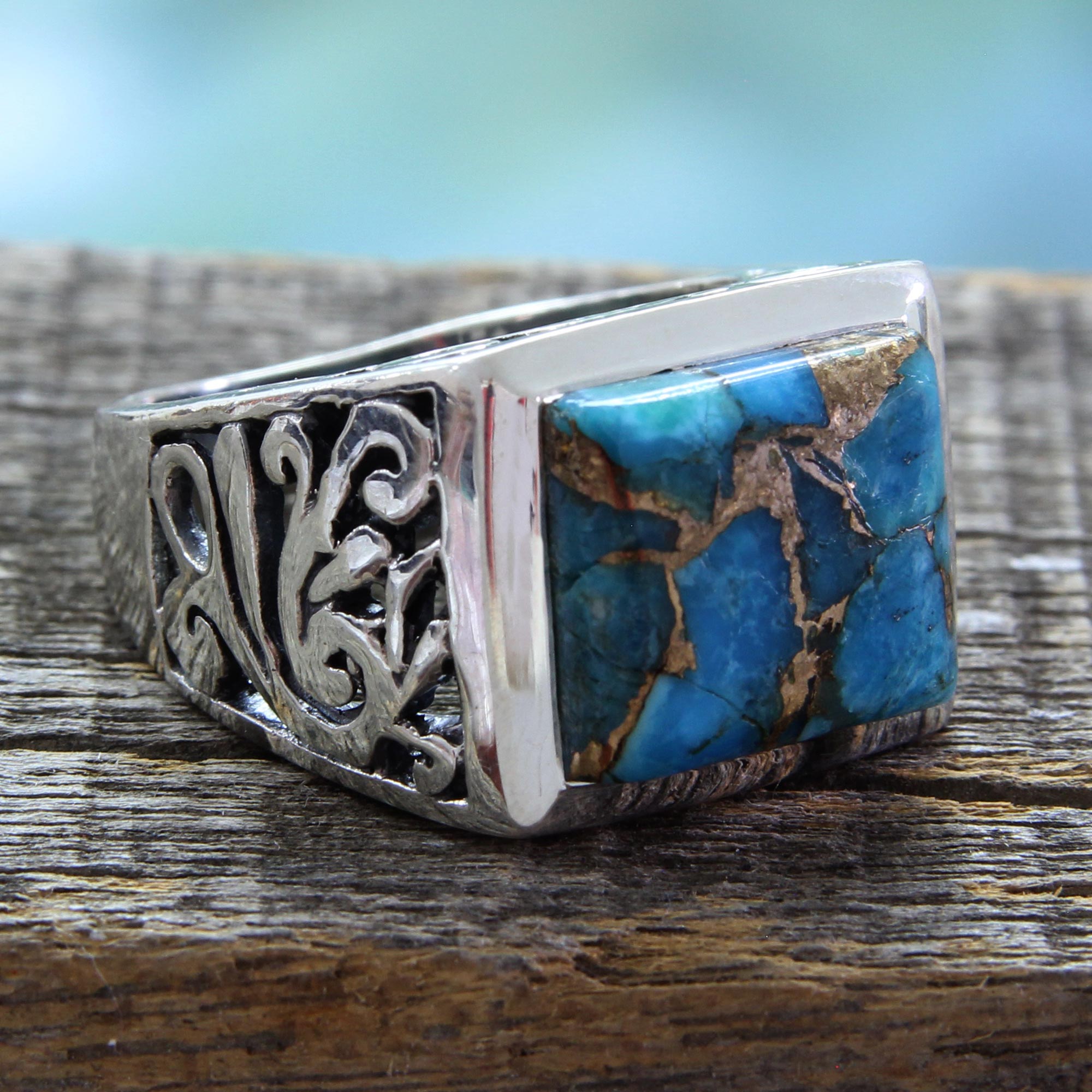 Hand Crafted Sterling Silver Composite Turquoise Ring, 'Fascination'