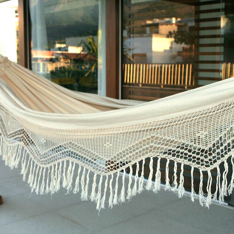 Ecru Cotton hammock Manaus Majesty ivory off-white fringed hand woven crocheted 