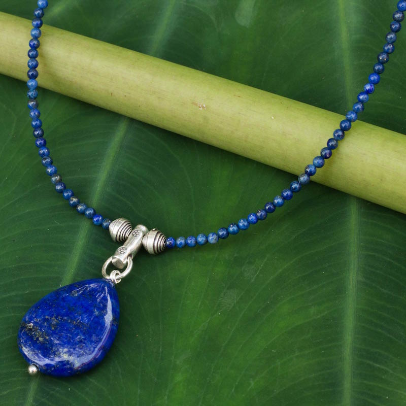 Handmade Lapis Lazuli Pendant .925 Sterling Silver Necklace Blue Lady