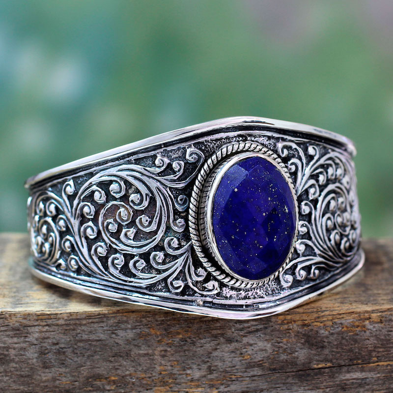 Indian Sterling Silver Cuff Lapis Lazuli Bracelet Blue Forest NOVICA Fair Trade