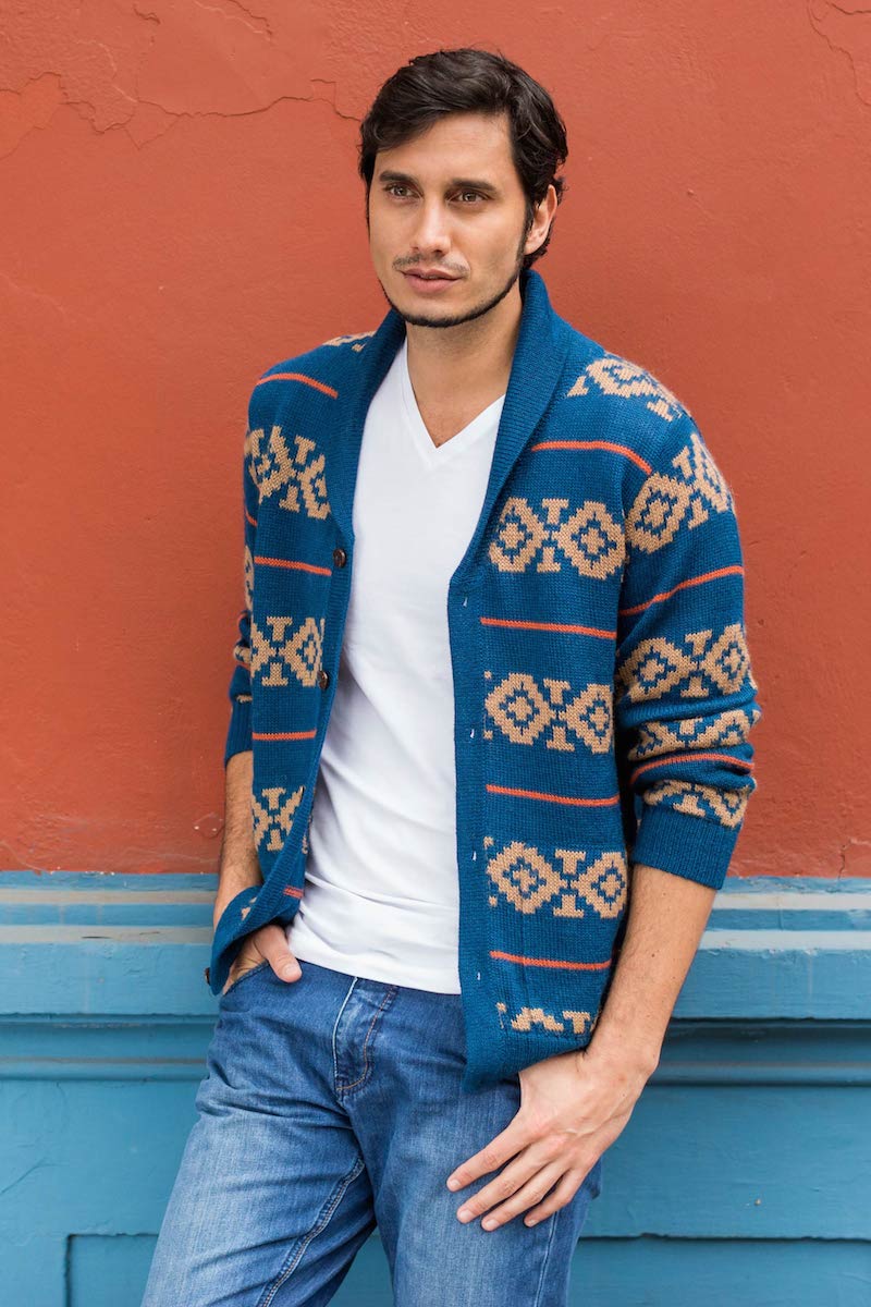 Men's 100% alpaca cardigan Blue Chakana blue button down sweater men's clothing gifts NOVICA Fair Trade