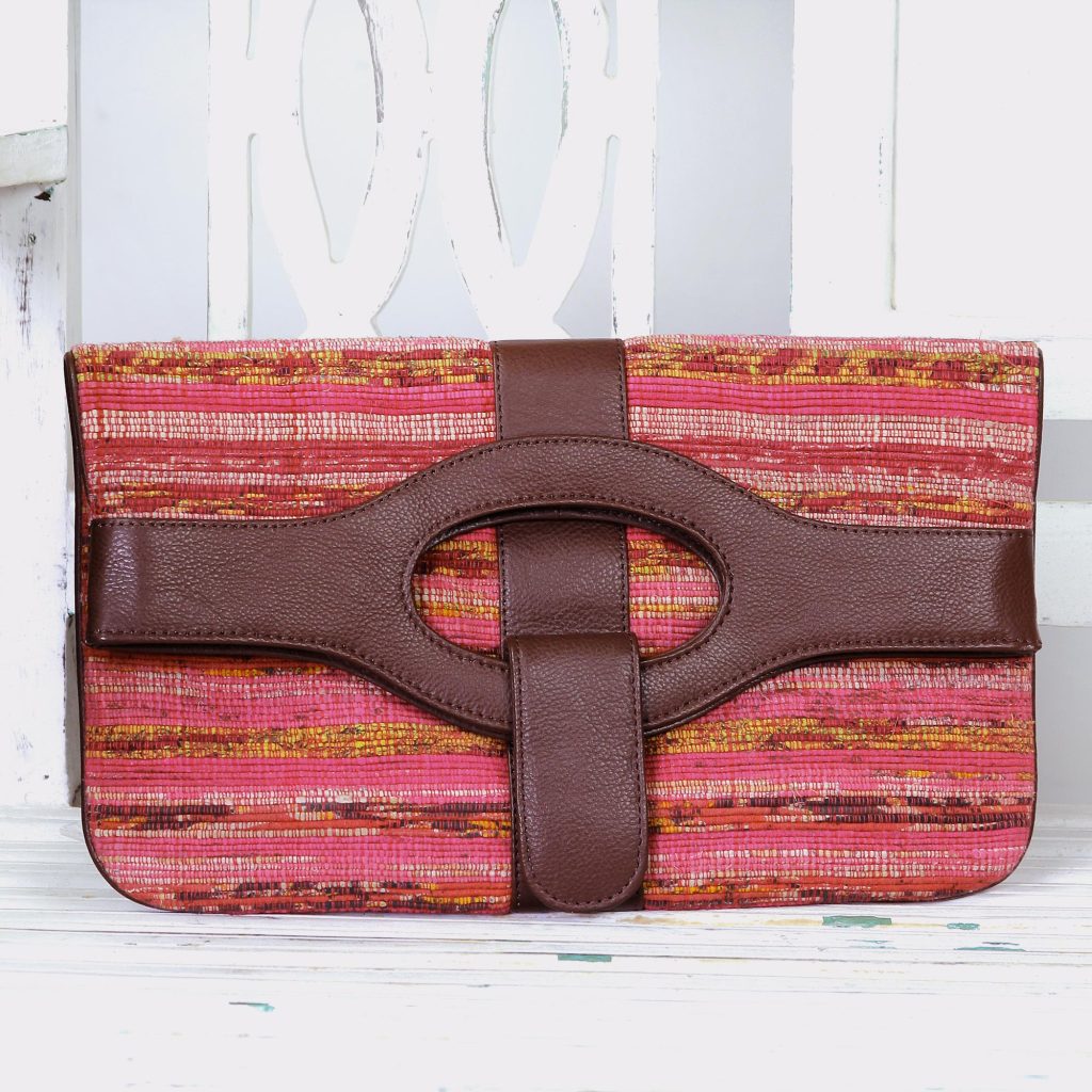 Leather Accent Cotton Convertible Clutch Handbag from India, 'Bengali Bohemian' Red Orange