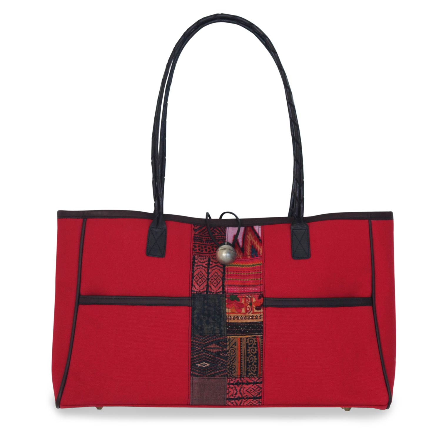 Cotton shoulder bag, 'Tribal Red' Leather Accents Tote 