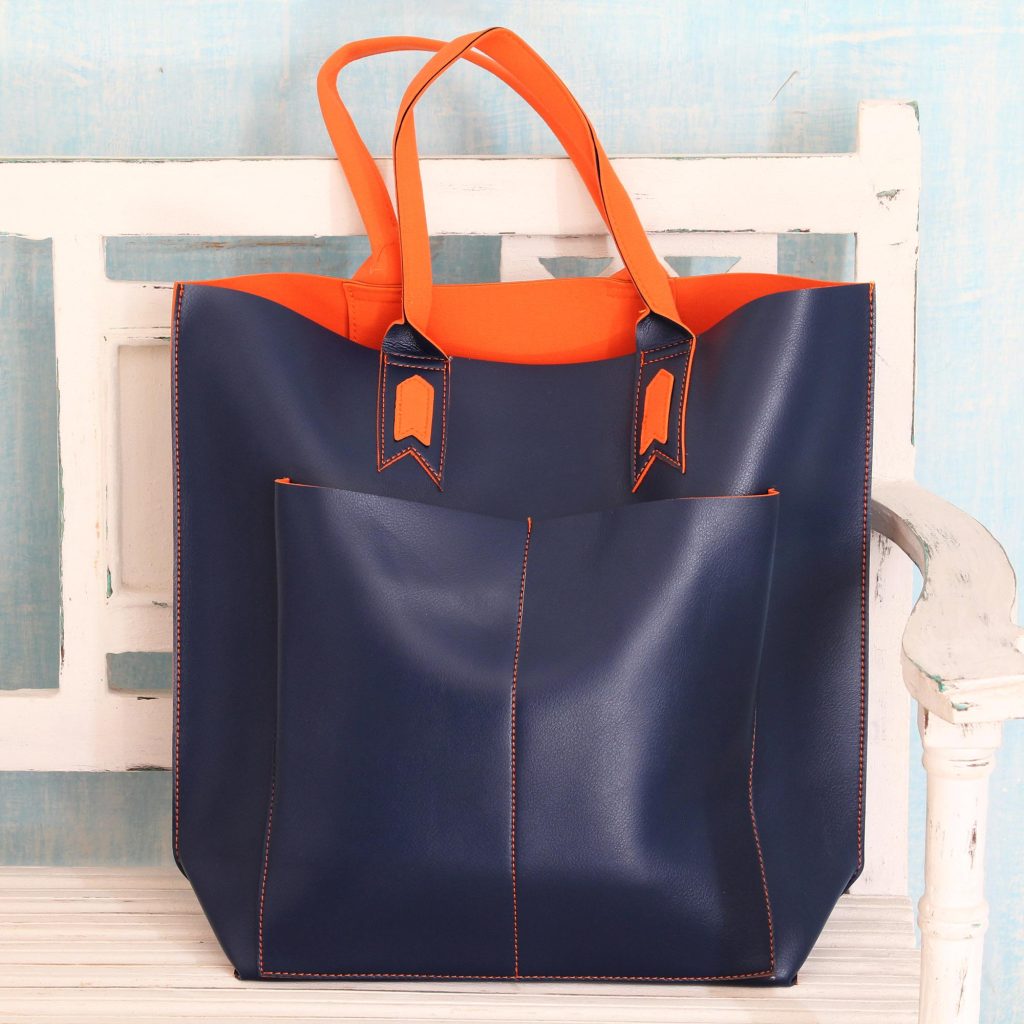 Handcrafted Navy Blue Tote Bag with Orange Accents, 'Versatile Navy' Large