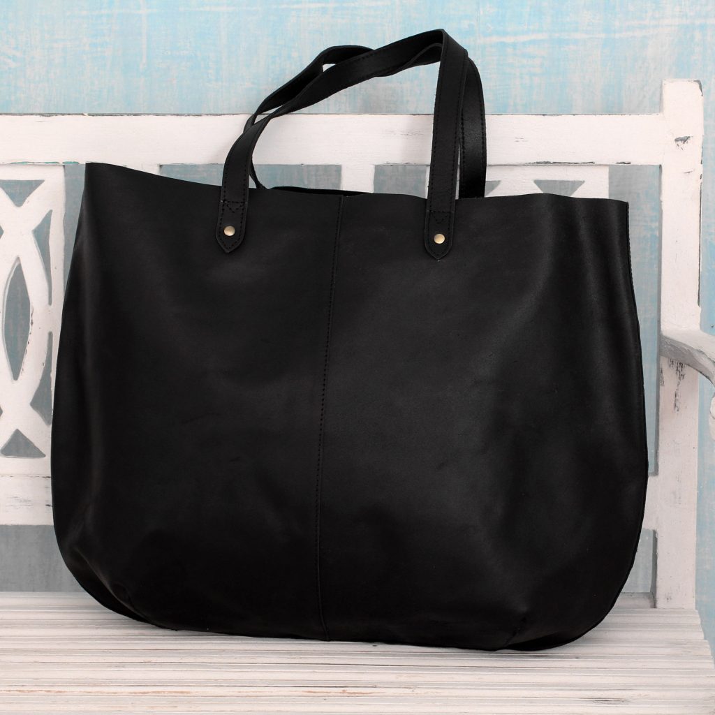 India Large Open Unlined Black Leather Tote Handbag, 'Mumbai Midnight'