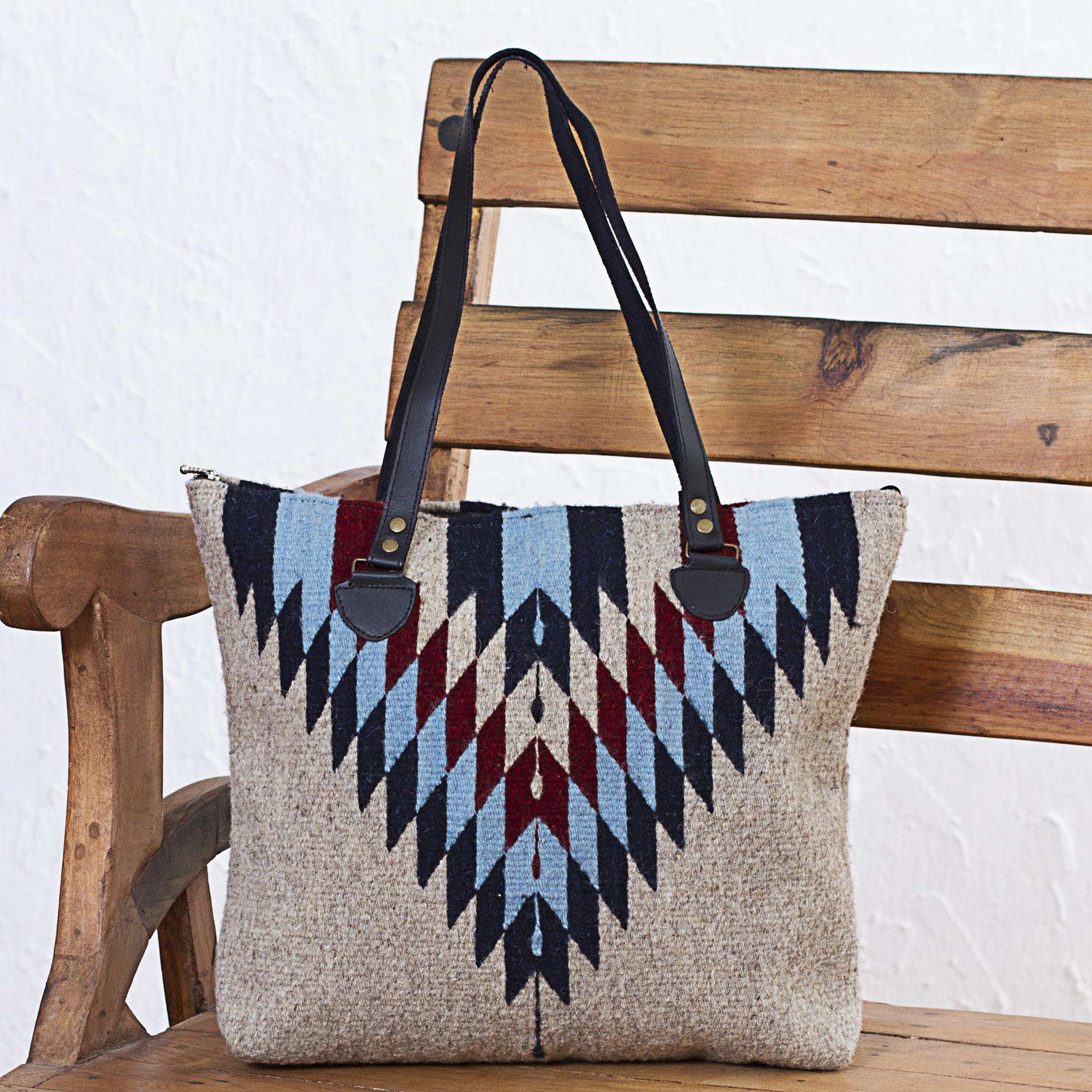 Wool Shoulder Bag with Geometric Diamond Pattern and Leather, 'Diamond Bliss'