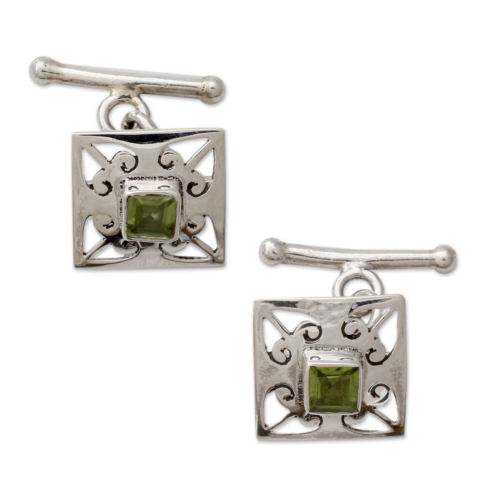 Men's Jewelry Sterling Silver Peridot Cufflinks, 'Love Quadrant'