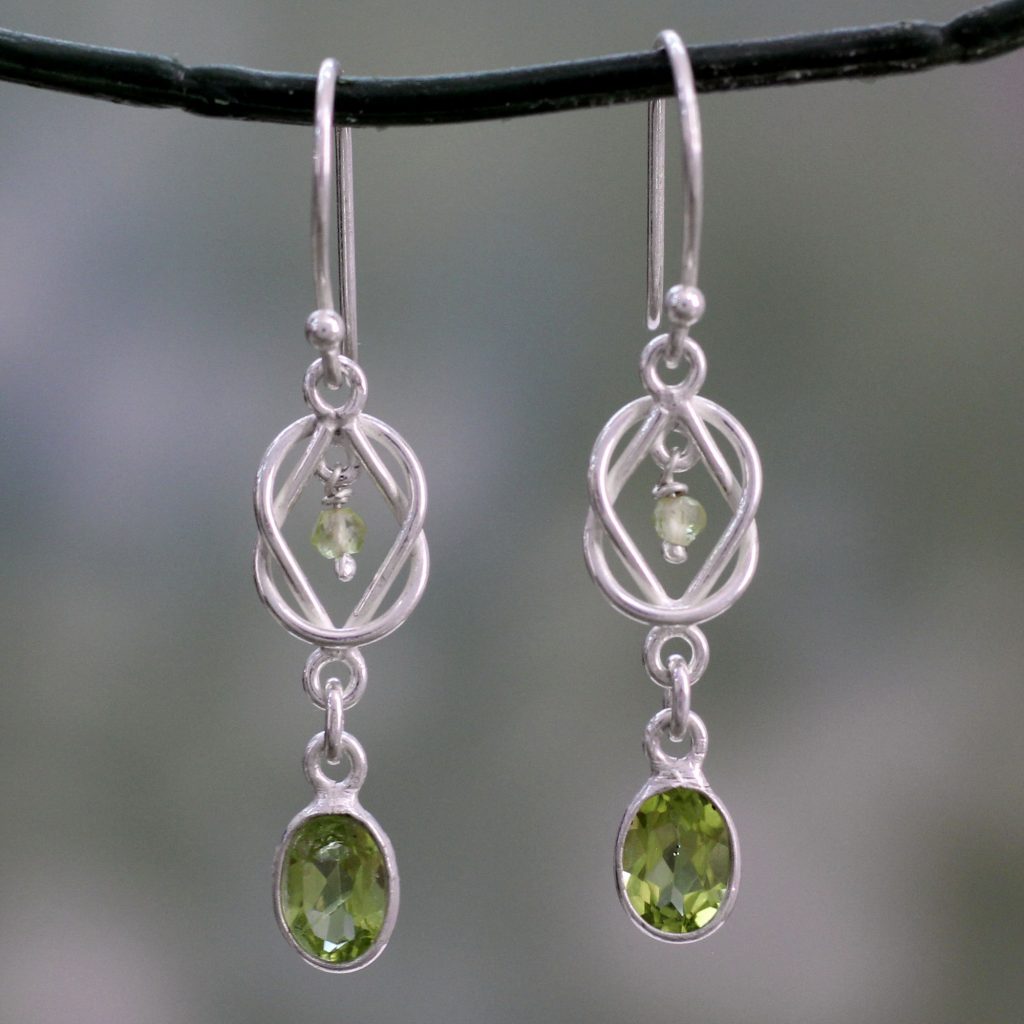 Silver and Peridot Dangle Earrings Crafted in India, 'Lime Knot'