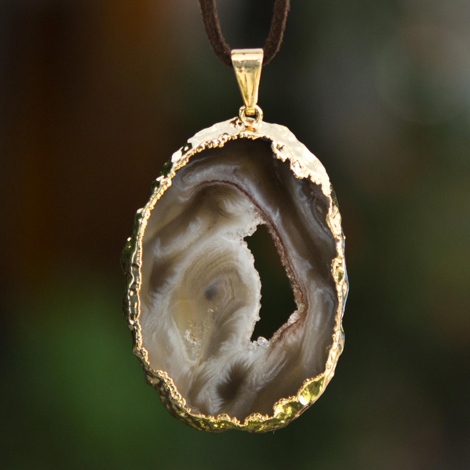 Brazilian Suede and Gold Plated Uncut Agate Necklace, 'Magnificent Mystery'