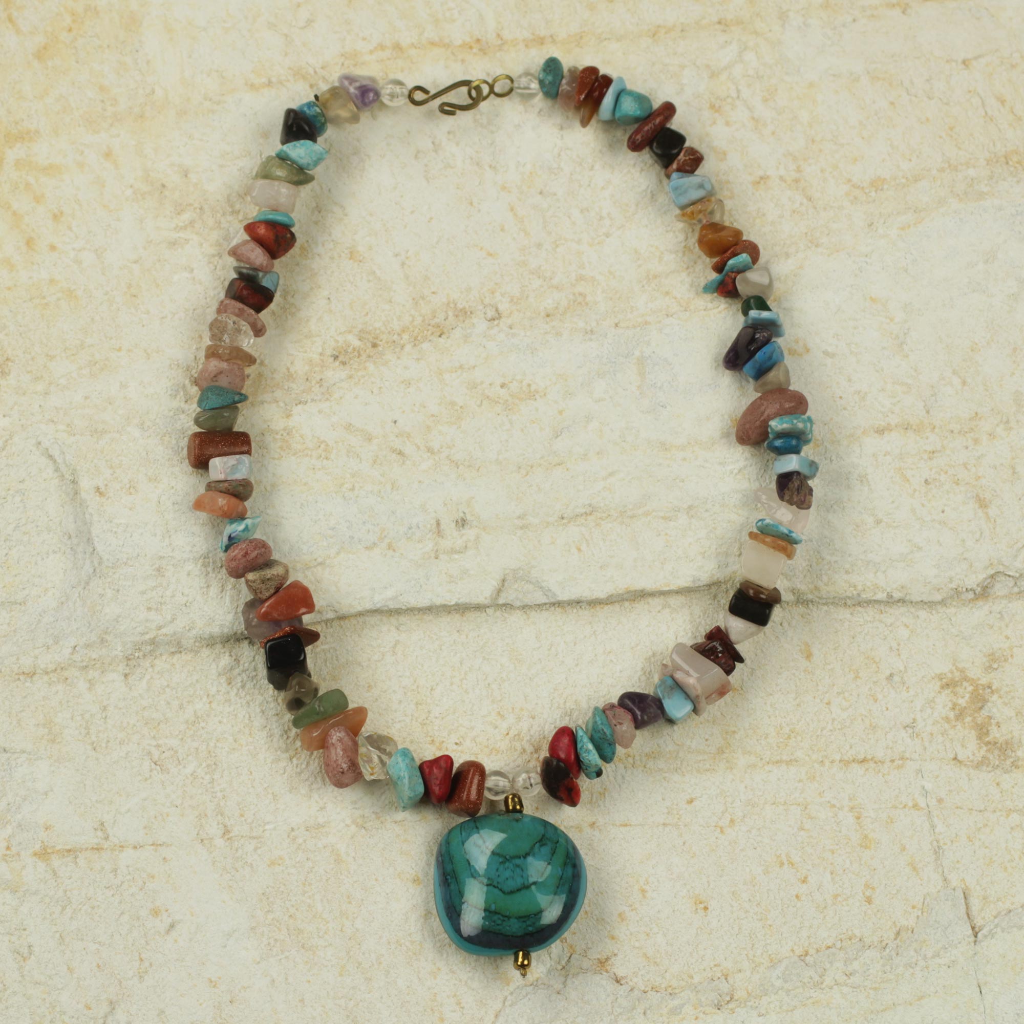 African Beaded Necklace Handmade with Multicolor Agate, 'Green Aseye'