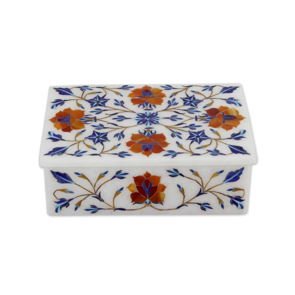 Hand Crafted Flower Theme Marble Inlay Jewelry Box, 'Marigolds'