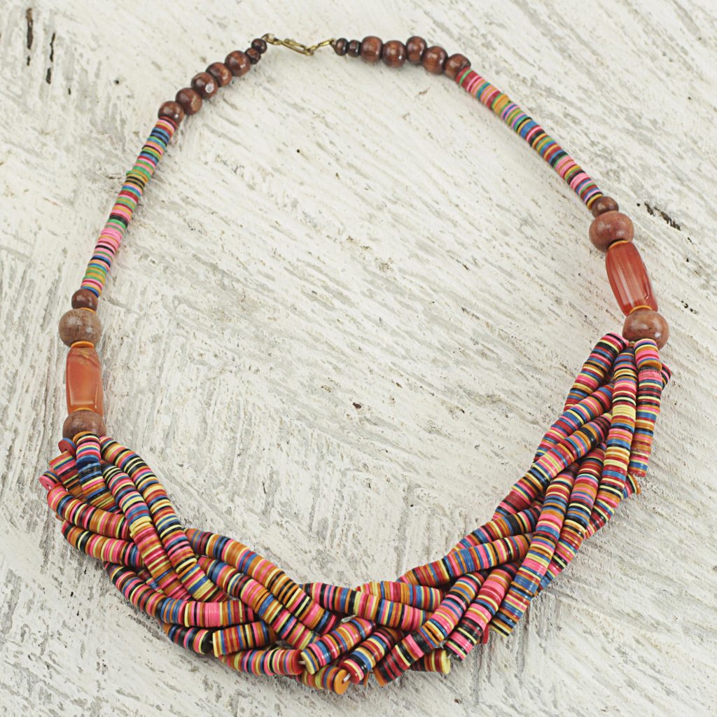 Artisan Multicolor Braided Bead Necklace with Wood and Agate, 'Multicolor Sosongo'