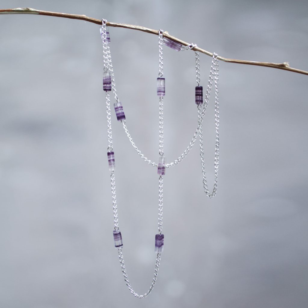 Long Sterling Silver Station Necklace with Lilac Tourmaline, 'Spaces'